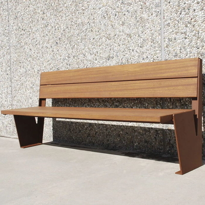 Contemporary Urban Street Rust Finish Corten Steel Bench With Wood Seat