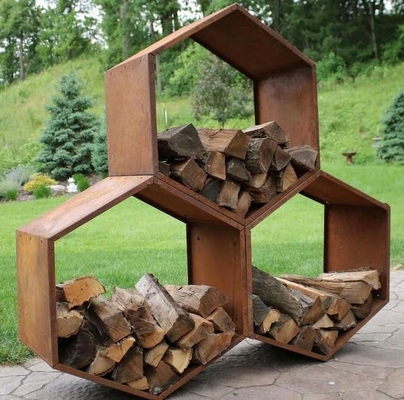 Heavy Duty Hexagon Rustic Corten Steel Honeycomb Firewood Storage Log Rack